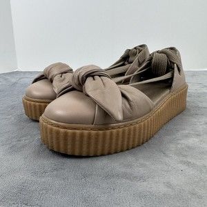 Puma Fenty Shoes Women's 7.5 Tan Leather Bow Creeper Gum Sole Lace Up Platform